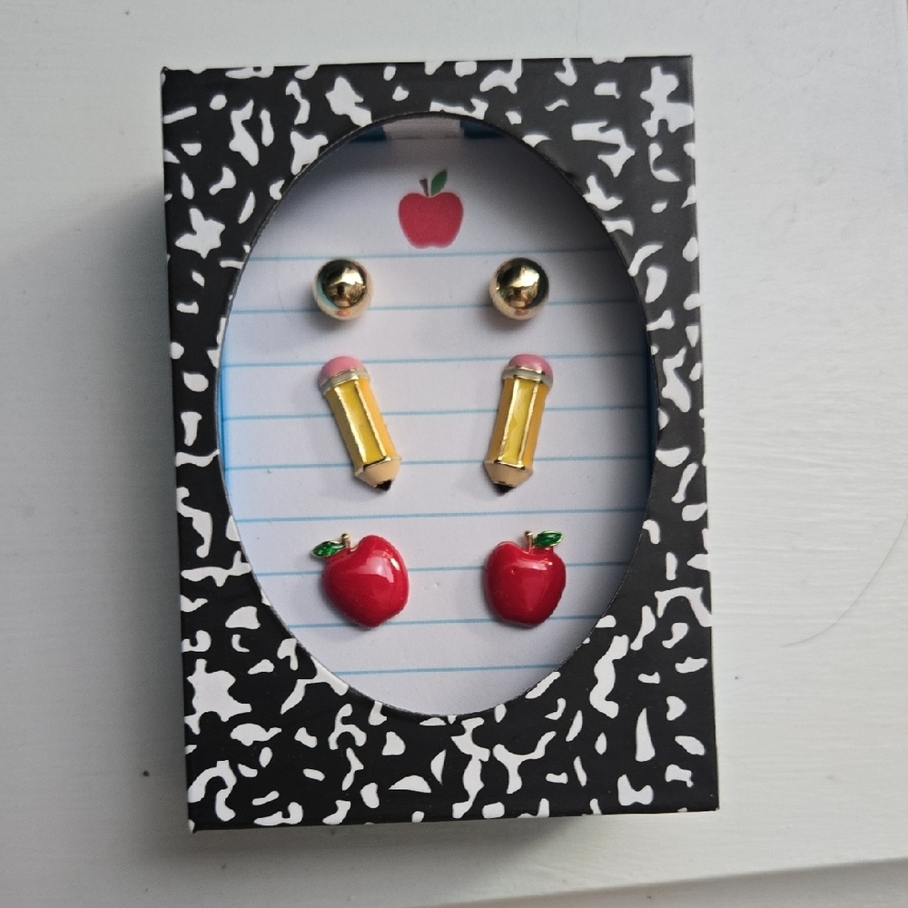 Gold and Red Apple Pencil Earring Set